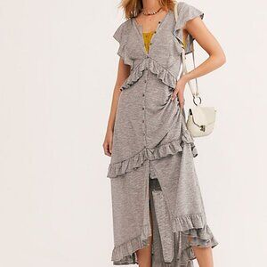 NWOT Free People Beach M Gray Amelia Maxi Dress Ruffle Duster Knit Resort Cruise